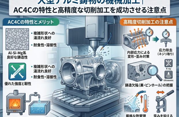 大型アルミ鋳物の機械加工｜AC4Cの特性と高精度な切削加工を成功させる注意点｜大型精密製缶/切削 スピード加工センター