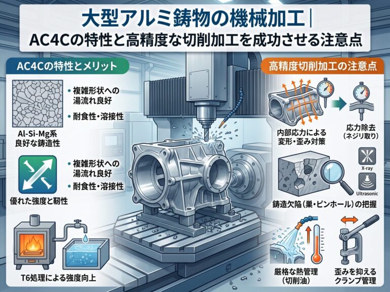大型アルミ鋳物の機械加工|AC4Cの特性と高精度な切削加工を成功させる注意点 | 大型精密製缶/切削 スピード加工センター